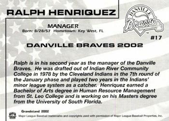 2002 Grandstand Danville Braves #NNO Ralph Henriquez Back