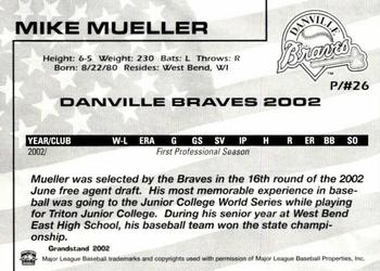 2002 Grandstand Danville Braves #NNO Mike Mueller Back