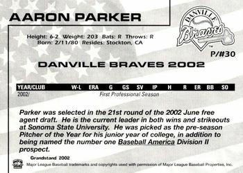 2002 Grandstand Danville Braves #NNO Aaron Parker Back