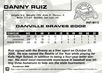 2002 Grandstand Danville Braves #NNO Danny Ruiz Back