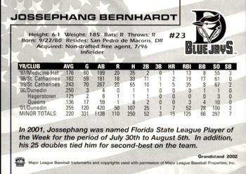 2002 Grandstand Dunedin Blue Jays #NNO Jossephang Bernhardt Back