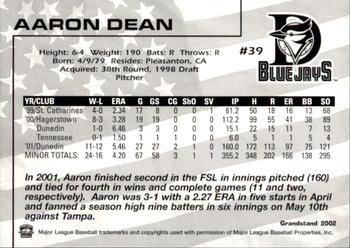 2002 Grandstand Dunedin Blue Jays #NNO Aaron Dean Back
