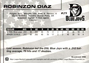 2002 Grandstand Dunedin Blue Jays #NNO Robinzon Diaz Back