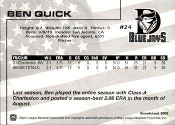 2002 Grandstand Dunedin Blue Jays #NNO Ben Quick Back