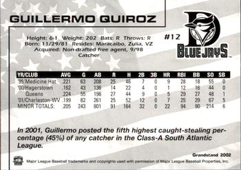 2002 Grandstand Dunedin Blue Jays #NNO Guillermo Quiroz Back