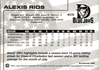 2002 Grandstand Dunedin Blue Jays #NNO Alexis Rios Back