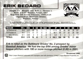 2002 Grandstand Eastern League Top Prospects #NNO Erik Bedard Back