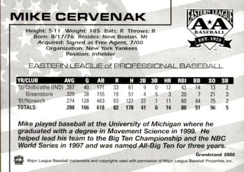 2002 Grandstand Eastern League Top Prospects #NNO Mike Cervenak Back