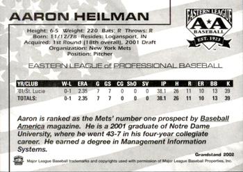 2002 Grandstand Eastern League Top Prospects #NNO Aaron Heilman Back