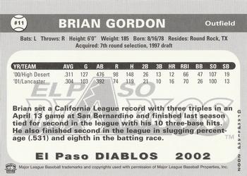 2002 Grandstand El Paso Diablos #NNO Brian Gordon Back