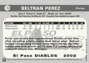 2002 Grandstand El Paso Diablos #NNO Beltran Perez Back