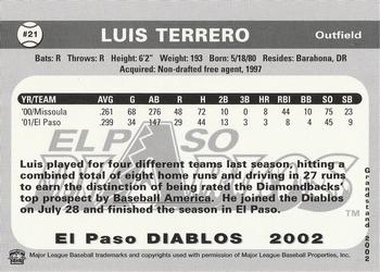 2002 Grandstand El Paso Diablos #NNO Luis Terrero Back