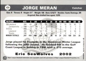 2002 Grandstand Erie SeaWolves #NNO Jorge Meran Back