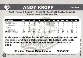 2002 Grandstand Erie SeaWolves #NNO Andy Kropf Back
