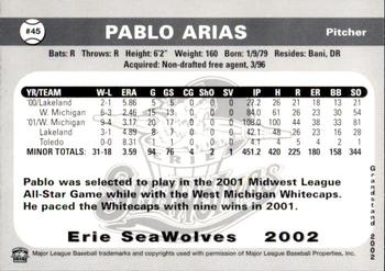 2002 Grandstand Erie SeaWolves #NNO Pablo Arias Back