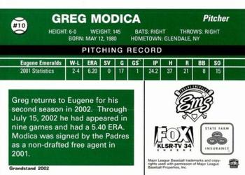 2002 Grandstand Eugene Emeralds #NNO Greg Modica Back