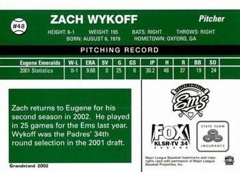 2002 Grandstand Eugene Emeralds #NNO Zach Wykoff Back