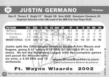 2002 Grandstand Fort Wayne Wizards #12 Justin Germano Back