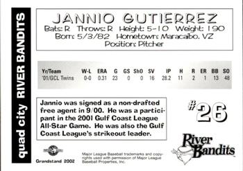 2002 Grandstand Quad City River Bandits #NNO Jannio Gutierrez Back