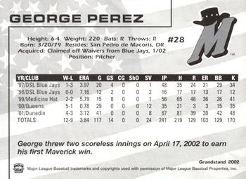 2002 Grandstand High Desert Mavericks #NNO George Perez Back