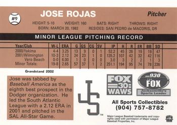 2002 Grandstand Jacksonville Suns #26 Jose Rojas Back