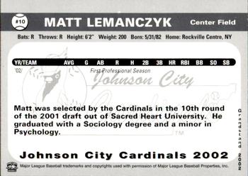 2002 Grandstand Johnson City Cardinals #10 Matt Lemanczyk Back