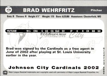 2002 Grandstand Johnson City Cardinals #38 Brad Wehrfritz Back