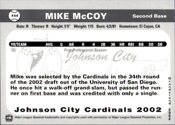 2002 Grandstand Johnson City Cardinals #44 Mike McCoy Back