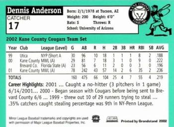 2002 Grandstand Kane County Cougars #2 Dennis Anderson Back