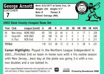 2002 Grandstand Kane County Cougars #3 George Arnott Back