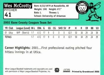 2002 Grandstand Kane County Cougars #17 Wes McCrotty Back