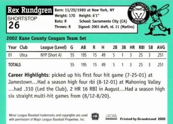 2002 Grandstand Kane County Cougars #19 Rex Rundgren Back