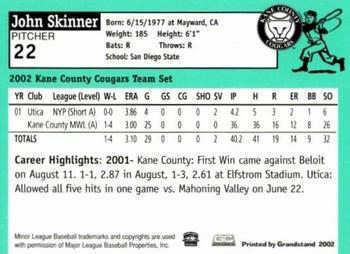 2002 Grandstand Kane County Cougars #22 John Skinner Back
