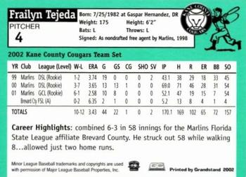 2002 Grandstand Kane County Cougars #24 Frailyn Tejada Back