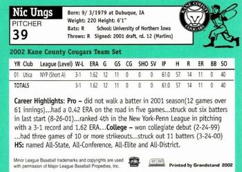 2002 Grandstand Kane County Cougars #26 Nic Ungs Back