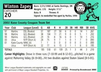 2002 Grandstand Kane County Cougars #29 Winton Zapey Back