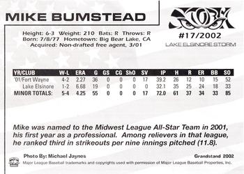 2002 Grandstand Lake Elsinore Storm #4 Mike Bumstead Back