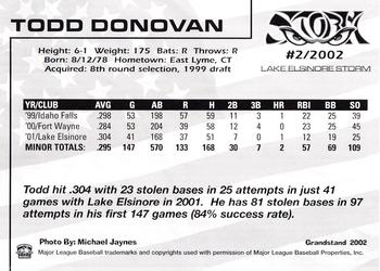 2002 Grandstand Lake Elsinore Storm #6 Todd Donovan Back