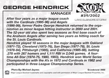 2002 Grandstand Lake Elsinore Storm #16 George Hendrick Back