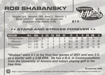 2002 Grandstand Lancaster JetHawks #19 Rob Shabansky Back
