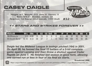 2002 Grandstand Lancaster JetHawks #32 Casey Daigle Back