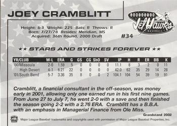 2002 Grandstand Lancaster JetHawks #34 Joey Cramblitt Back