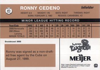 2002 Grandstand Lansing Lugnuts #NNO Ronny Cedeno Back