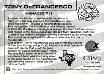 2002 Grandstand Midland RockHounds #NNO Tony DeFrancesco Back