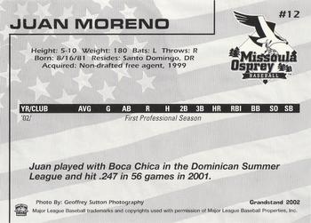 2002 Grandstand Missoula Osprey #12 Juan Moreno Back