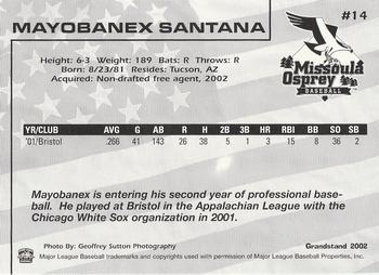 2002 Grandstand Missoula Osprey #14 Mayobanex Santana Back