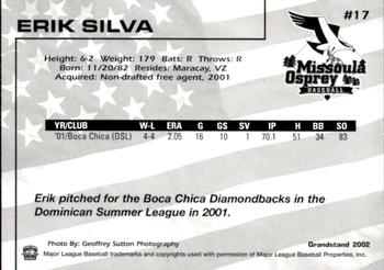 2002 Grandstand Missoula Osprey #17 Erick Silva Back