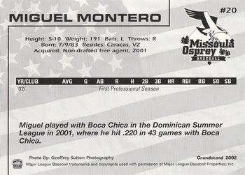 2002 Grandstand Missoula Osprey #20 Miguel Montero Back