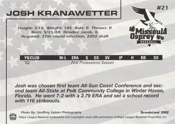 2002 Grandstand Missoula Osprey #21 Josh Kranawetter Back