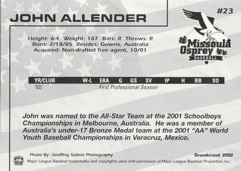 2002 Grandstand Missoula Osprey #23 John Allender Back